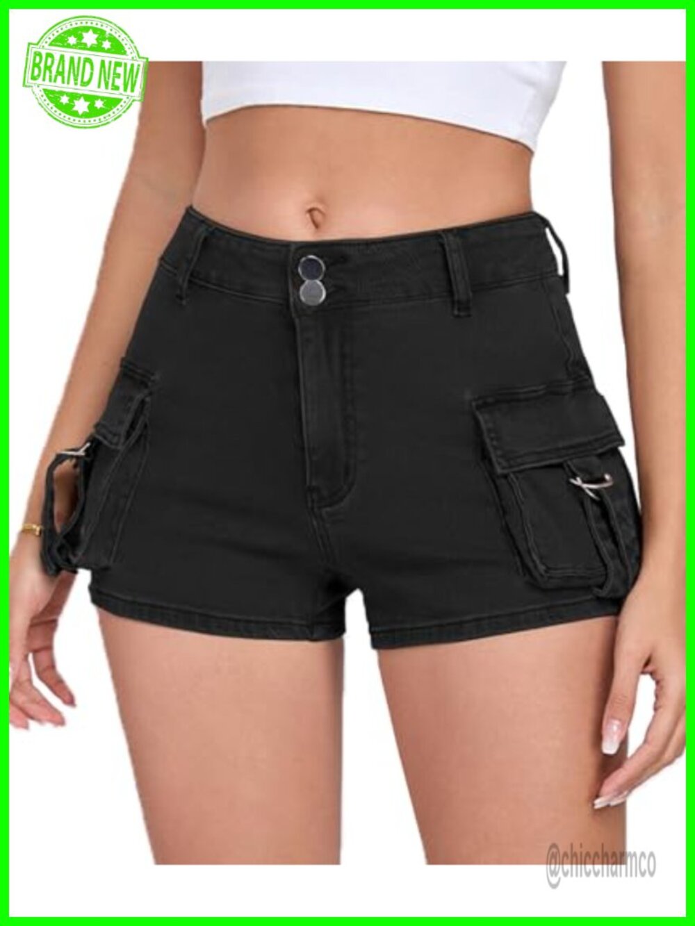 High Stretch Denim Mini Cargo Shorts with Pockets Y2K Casual Mid Waisted Booty